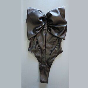 LIKA NWOT Faux Leather Corset Bodysuit With Oversize Bow in Black